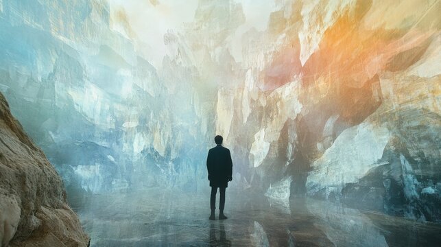 Man Contemplating Abstract Mountain Landscape