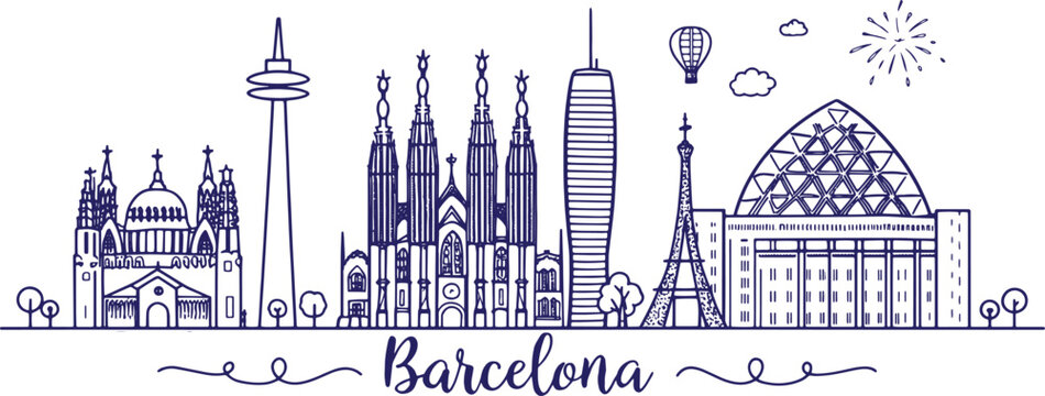 Barcelona Hand-Drawn Skyline Art Featuring Sagrada Familia and Park G&uuml;ell &ndash; Artistic City Illustration for Tourism, Prints, and Design Projects