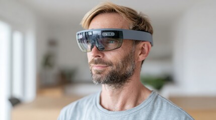 Man Utilizing Advanced Augmented Reality Glasses for Enhanced Viewing Experience in a Modern Indoor Environment