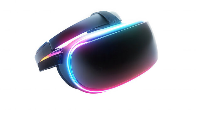 Futuristic vr headset with neon lights for gaming use on transparent background