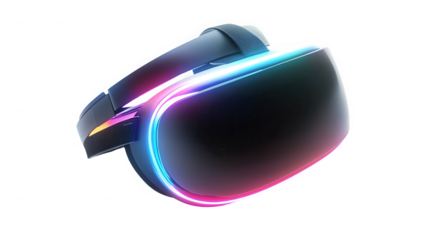 Futuristic vr headset with neon lights for gaming use on transparent background