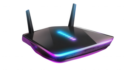 Modern wireless router with neon lighting against a for fast internet on transparent background