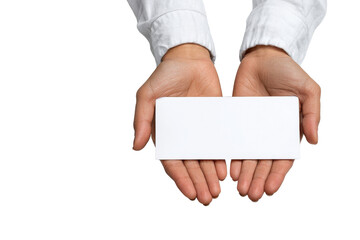Two open hands holding a blank white rectangular card against a black background image, Png, Isolated on Transparent Background, Cut Out