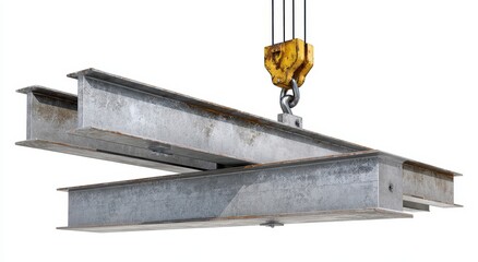 Vibrant photo of a heavy duty crane lifting steel i beams for construction