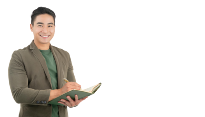 Smiling Asian Man Writing Notebook Isolated White Background