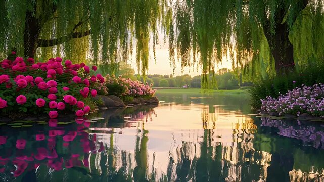 Tranquil garden pond scene framed by cascading weeping willows and vibrant pink and purple flowering shrubs at golden hour