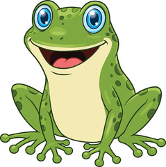 Cartoon green frog sitting with big eyes, cheerful amphibian character illustration, children’s book animal artwork, colorful design, cad drawing flat vector illustration