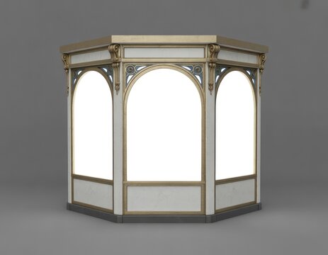 Ornate kiosk booth with arched windows and gold accents, indoor outdoor display stand, storefront kiosk
