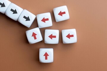 White cubes with red and black arrows pointing in opposite directions. Resistance to change, conflicting directions, stubbornness concept.