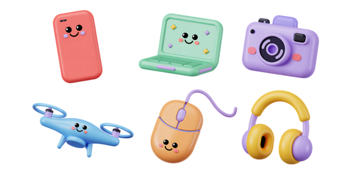 Cute 3D Cartoon Gadgets and Electronics Collection with Smiling Faces smartphone - Powered by Adobe