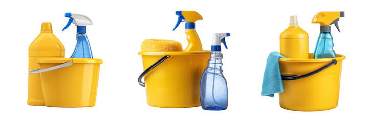 Set of Blue plastic bucket filled with assorted cleaning supplies on transparent png background. Ai generated