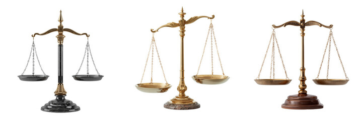 Set of Golden scales of justice perfectly balanced on transparent png background. Ai generated
