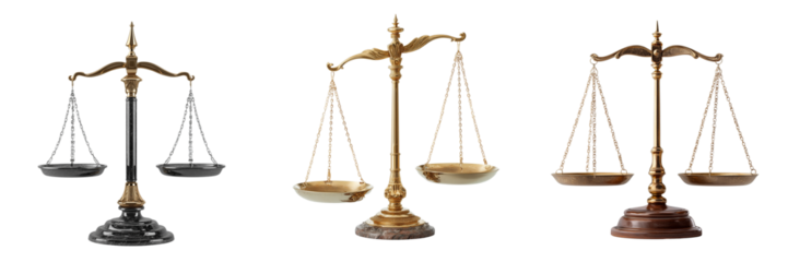 Set of Golden scales of justice perfectly balanced on transparent png background. Ai generated