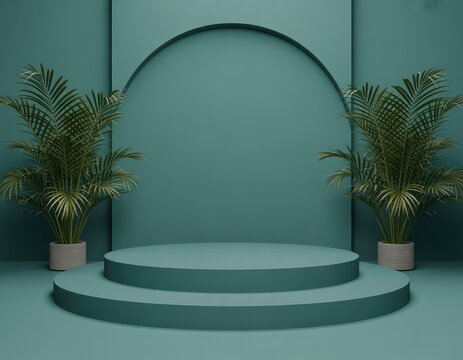 Archway display stage with palm plants, minimalist product showcase backdrop