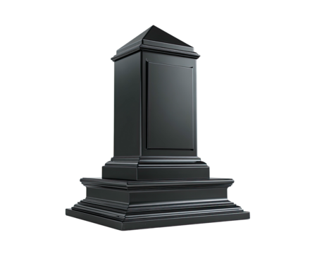Sleek, dark, rectangular pillar atop a tiered base, on black
