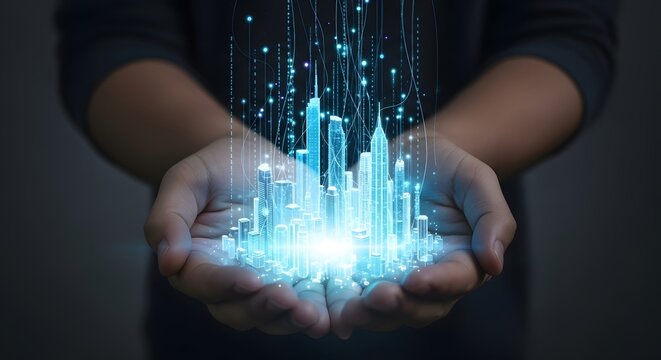 Faceless Hands Holding Glowing Holographic Smart City Model