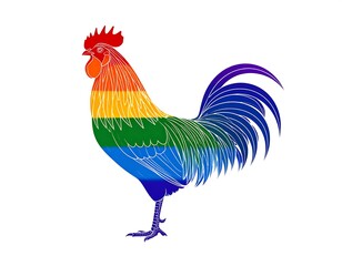 A proud rooster, rainbow-colored, standing on a white background