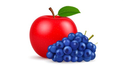 A vibrant red apple with a green leaf and a cluster of blue grapes