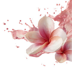 Flowers bloom amidst splashing pink liquid, isolated on black