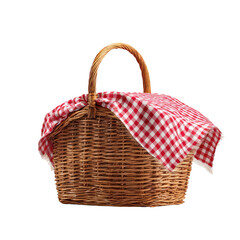 Wicker picnic basket with a red-and-white gingham cloth inside
