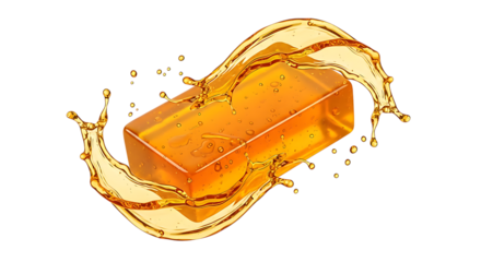 Bar of honey soap with splash isolated on transparent background