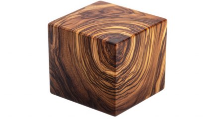 A cube made of wood with a unique pattern on it sitting on a black background in a studio setting on transparent background