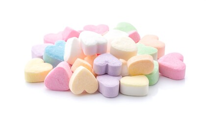 A pastel pile of heart-shaped candies on a bright white backdrop