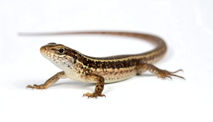 Obraz premium A slender lizard in brown tones stands against a clean white background