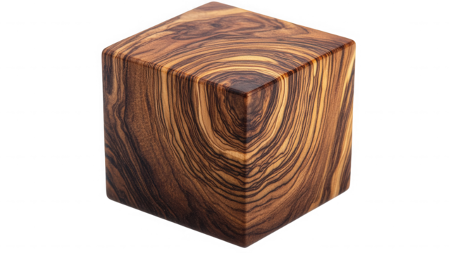 A cube made of wood with a unique pattern on it sitting on a black background in a studio setting on transparent background