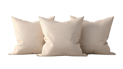 Three square beige cushions arranged against a black background