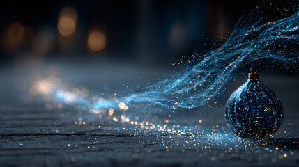 Holiday background with magical trail of sparkles flying through the air, transforming into a Christmas ornament, horizontal banner, copy space