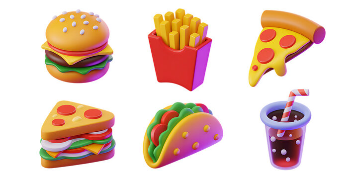 Cartoon Fast Food Icons PNG – Cute and Colorful Junk Food Illustrations for Kids, Menus, and Marketing Designs