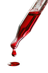 Red liquid drips from a glass pipette against a black background