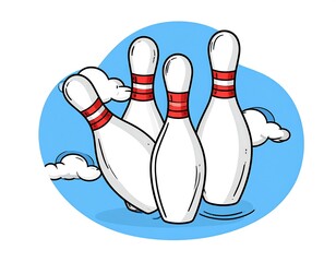 Cartoon illustration of bowling pins in a strike or falling over action