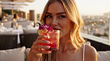 Stunning young blonde woman smiles and sips a colorful pink cocktail at a chic rooftop lounge during golden hour. 
