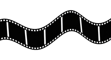 Black and white film strip isolated on transparent background with a wavy design and perforated edges