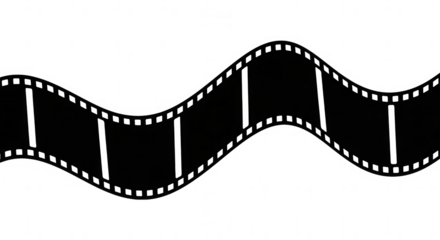 Black and white film strip isolated on transparent background with a wavy design and perforated edges