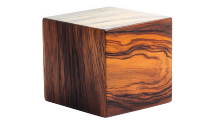 A single wooden cube with a unique grain pattern sitting against a black background in a studio setting on transparent background
