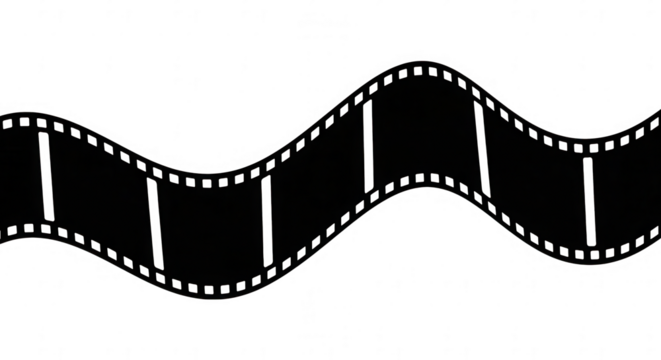 Black and white film strip isolated on transparent background with a wavy design and perforated edges