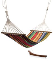 Colorful striped hammock suspended from rope, ready for relaxation