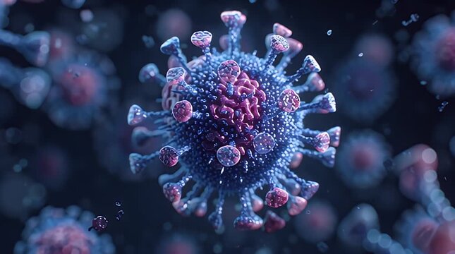 Macro shot of a detailed purple and blue microscopic particle, surrounded by blurred elements