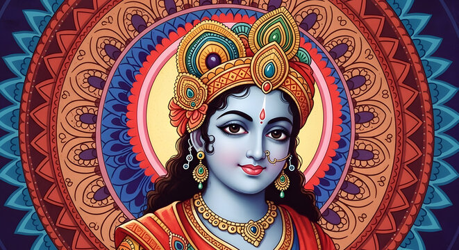 Lord Krishna Portrait in Traditional Crown Against a Vibrant Mandala Background