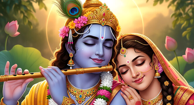 Intimate Portrait of Radha and Krishna Playing the Flute in a Divine Golden Glow