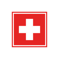 A simple, bold graphic icon representing the Swiss flag with a white cross on a red square background, symbolizing national identity and medical aid.