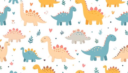 Obraz premium Cartoon dinosaur pattern with hearts and leaves on a white background