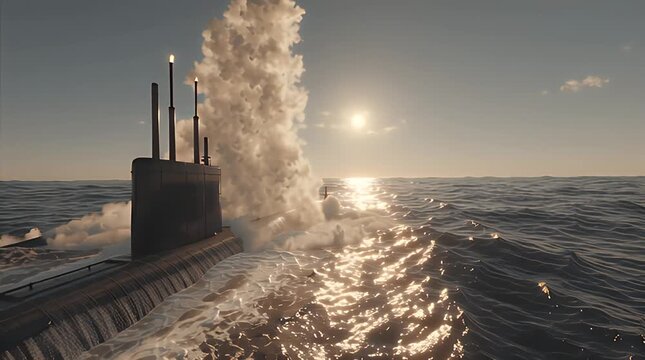 A powerful submarine launches from the ocean at bright sun, huge smoke column ascends