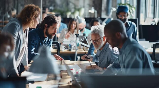 diverse engineers and developers collaborating on advanced technology project, futuristic yet human-centered workspace, Scandinavian design elements, inclusive group of men and women of all ages, warm