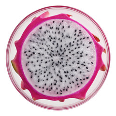 Cross-section of dragon fruit shows white flesh, black seeds, pink skin