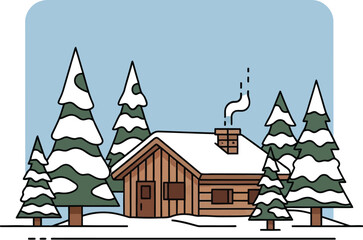 Cozy cabin nestled among snow covered pine trees in a winter wonderland scene