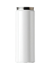 White, sleek, metallic drink can stands tall, isolated on a black background